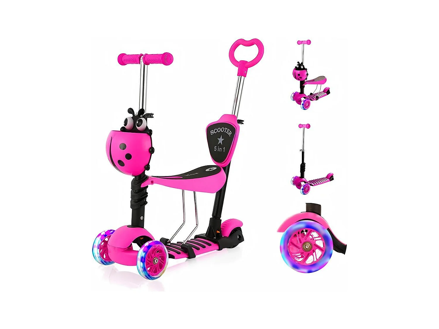 Trottinette enfant 5 en 1, 3 roues lumineuses LED, avec panier dessin animé amovible, réglable en hauteur, pour enfants de 2 à 8 ans