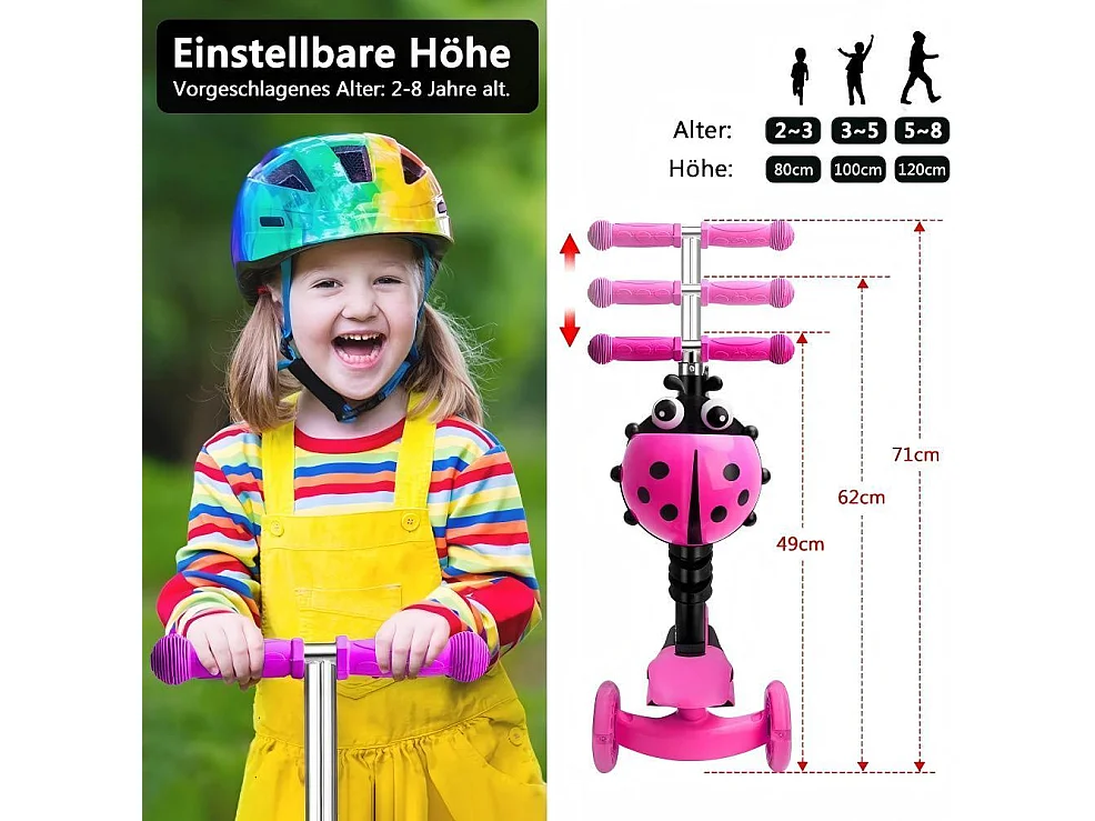 Scooter infantil para niños para niños, 3 ruedas LED de luz LED, con cesta de dibujos animados extraíbles, en altura ajustable, para niños de 2 a 8 años