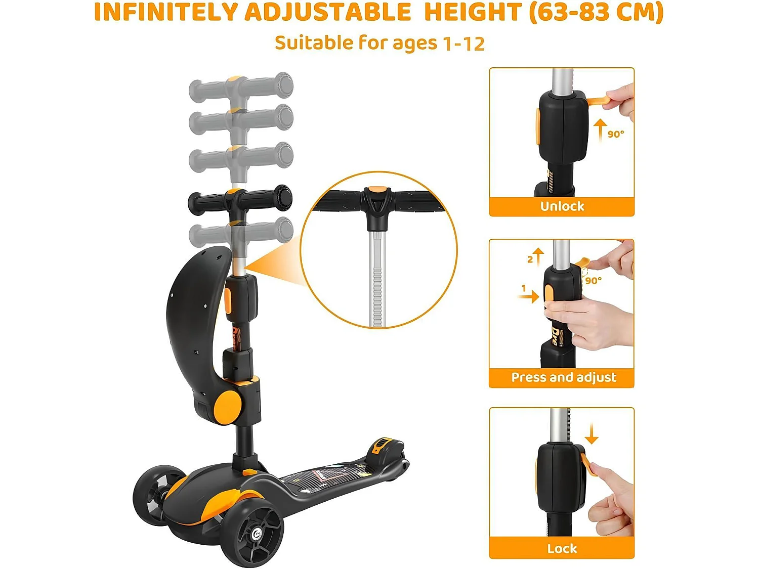 Trottinette enfant pliable 3 roues, trottinette avec roues LED, guidon réglable en hauteur, frein à friction arrière, pour 3 à 14 ans