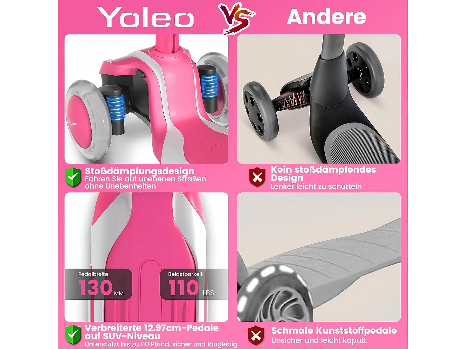 Trottinette pour enfants de 3 à 12 ans, Trottinette pliable avec roue lumineuse LED, 4 hauteurs réglables, frein à friction arrière