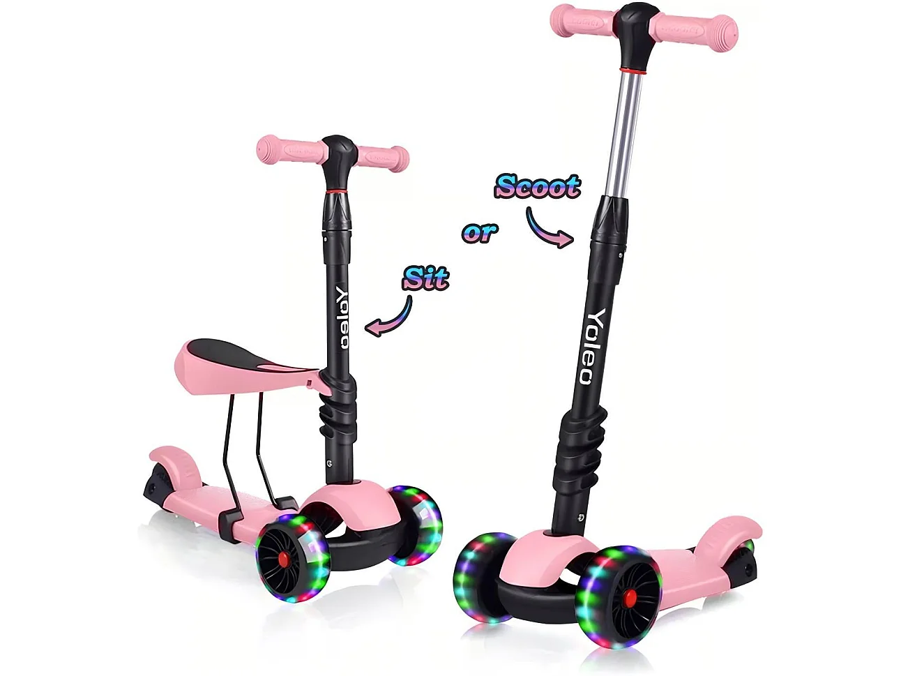 Trottinette Enfant 3 en 1 - Siège Amovible - réglable en hauteur - grandes roues LED - pour Enfants de 2 à 8 Ans jeu extérieur