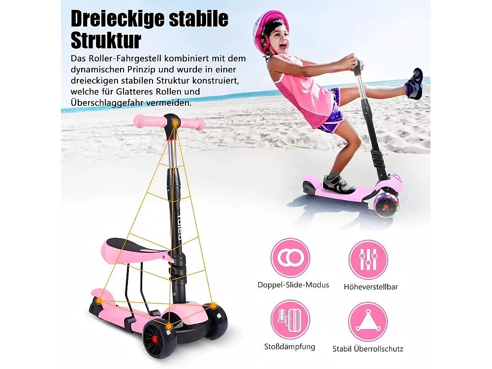 Trottinette Enfant 3 en 1 - Siège Amovible - réglable en hauteur - grandes roues LED - pour Enfants de 2 à 8 Ans jeu extérieur