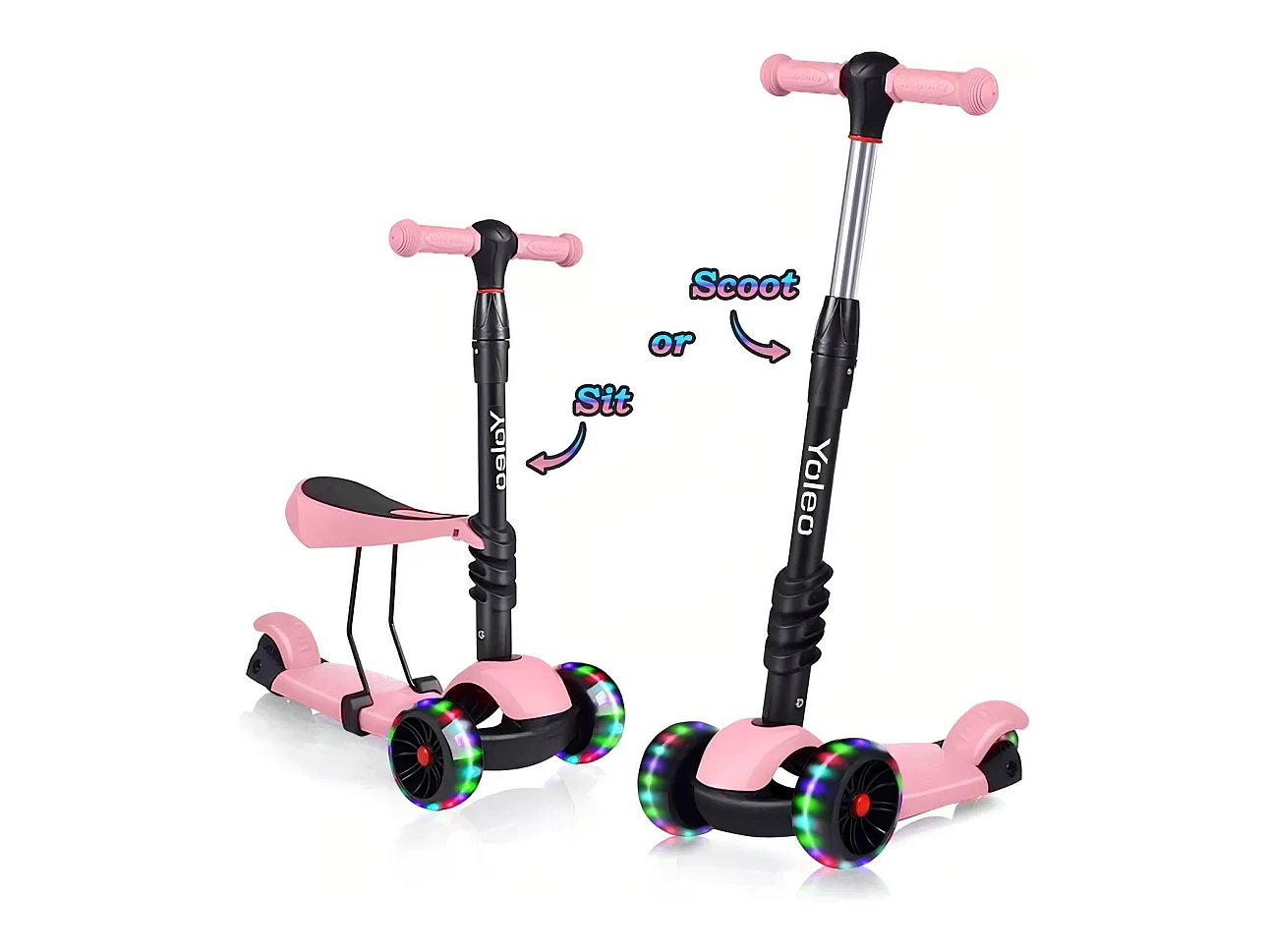 Trottinette Enfant 3 en 1 - Siège Amovible - réglable en hauteur - grandes roues LED - pour Enfants de 2 à 8 Ans jeu extérieur