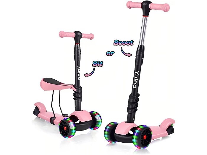 Trottinette 3 En 1 Enfant Avec Siège – 3 Roues LED, Hauteur Réglable, Pour 18 Mois à 8 Ans