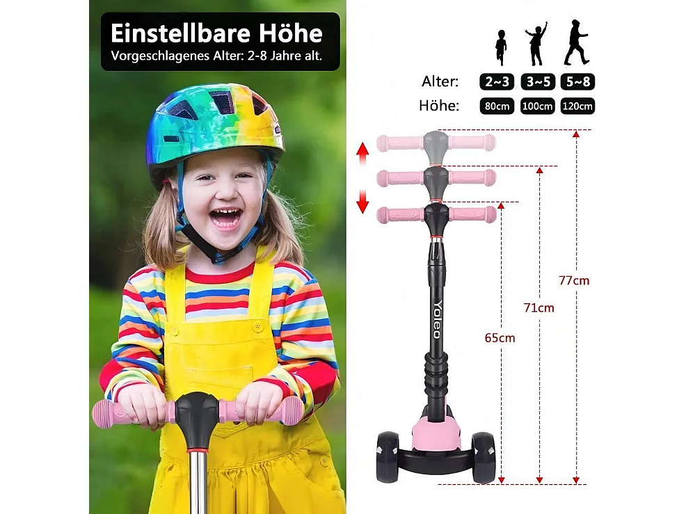 Trottinette Enfant 3 en 1 - Siège Amovible - réglable en hauteur - grandes roues LED - pour Enfants de 2 à 8 Ans jeu extérieur