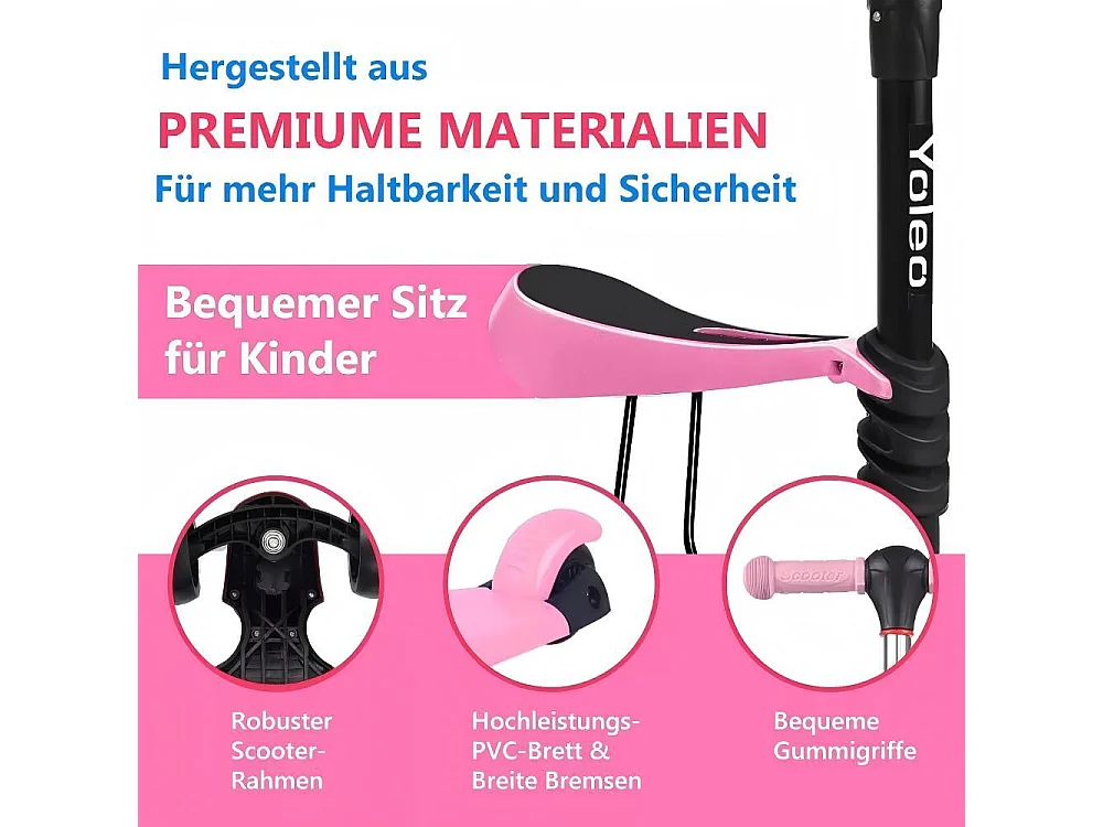 Trottinette Enfant 3 en 1 - Siège Amovible - réglable en hauteur - grandes roues LED - pour Enfants de 2 à 8 Ans jeu extérieur