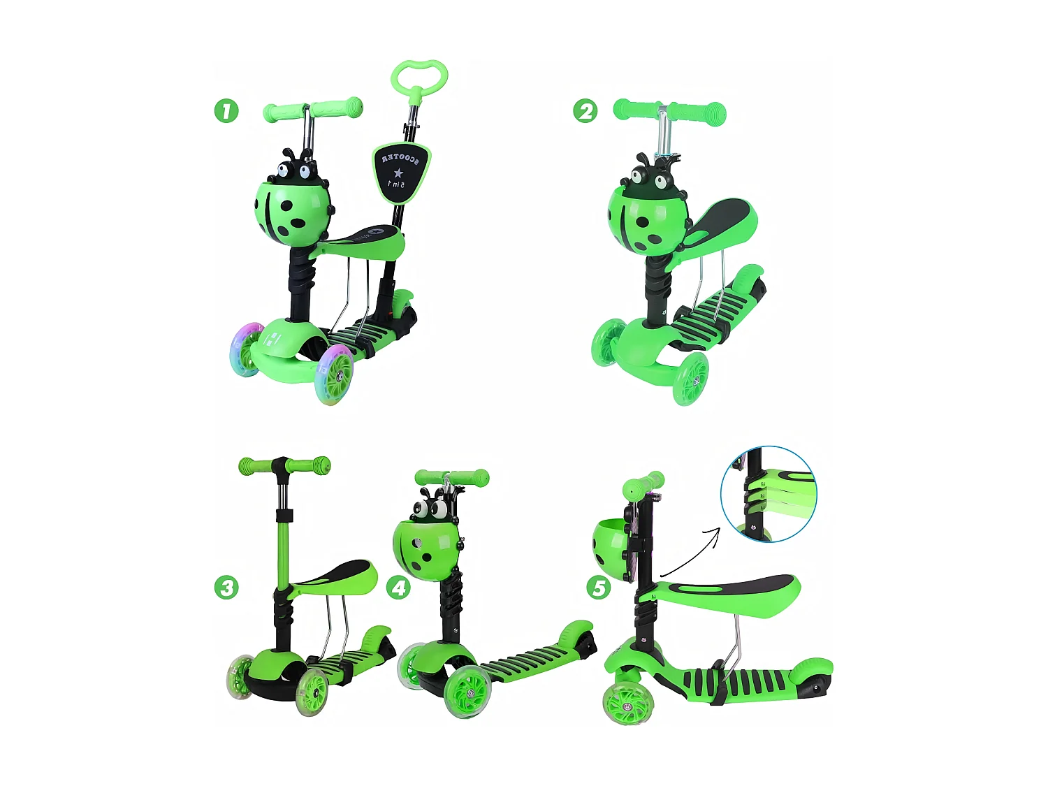 Trottinette enfant 5 en 1, 3 roues lumineuses LED, avec panier dessin animé amovible, réglable en hauteur, pour enfants de 2 à 8 ans