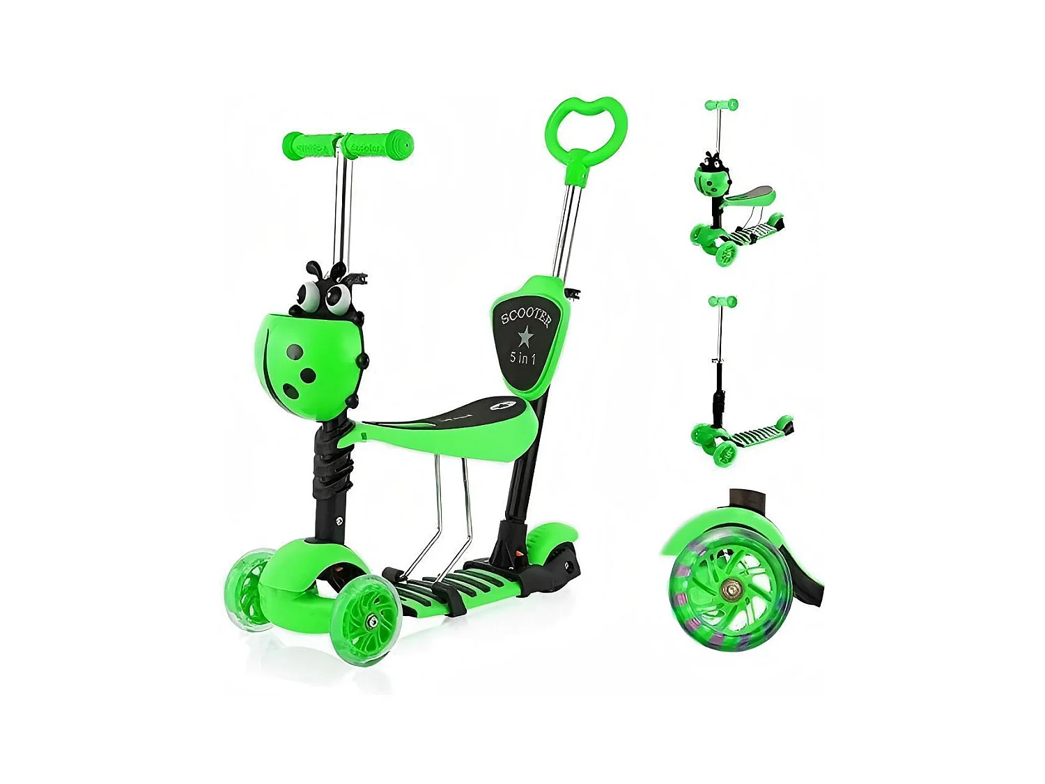 Trottinette enfant 5 en 1, 3 roues lumineuses LED, avec panier dessin animé amovible, réglable en hauteur, pour enfants de 2 à 8 ans