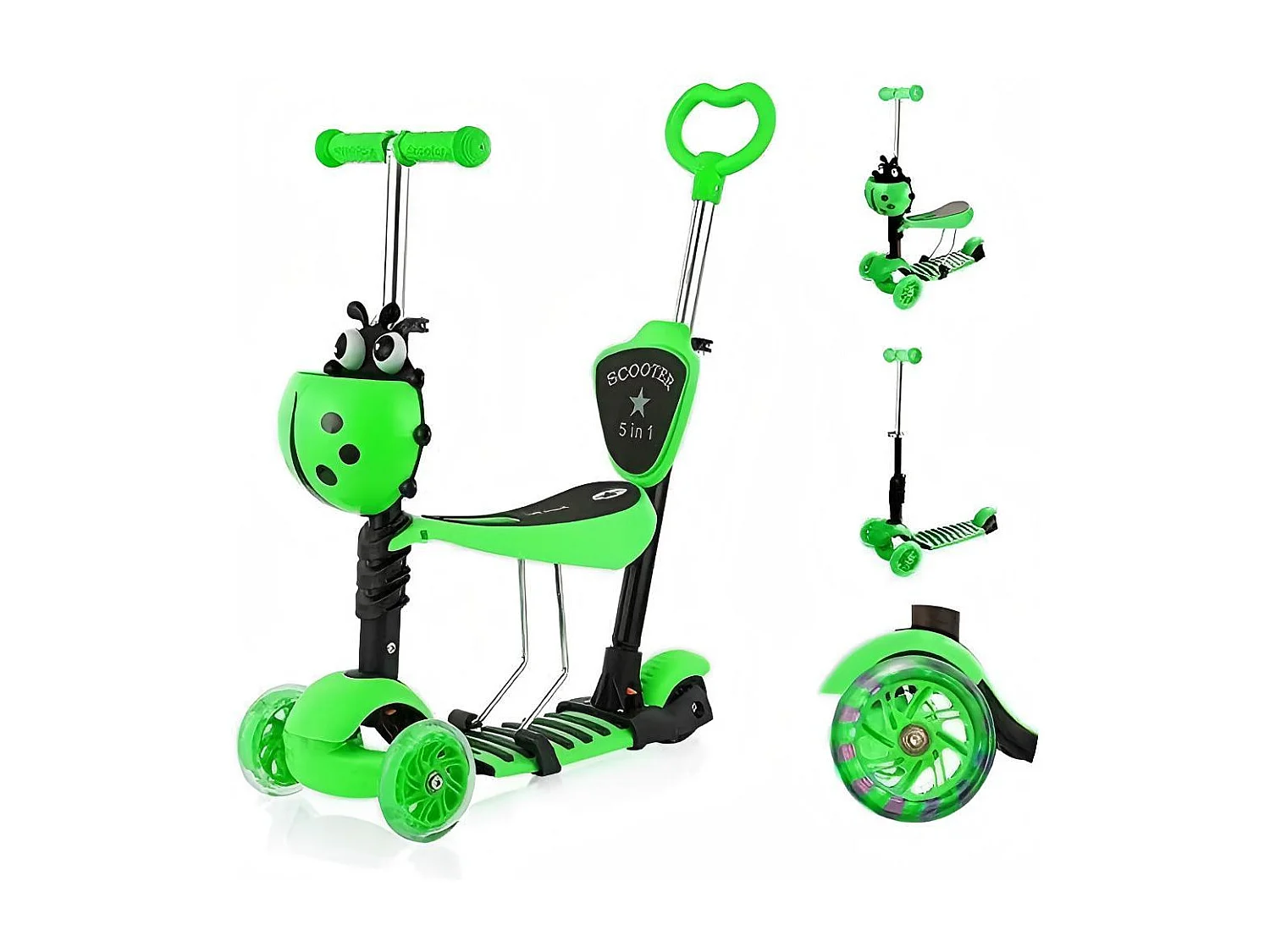 5-in-1 kinderscooter, 3 LED-verlichte wielen, met afneembare cartoonmand, in hoogte verstelbaar, voor kinderen van 2-8 jaar oud