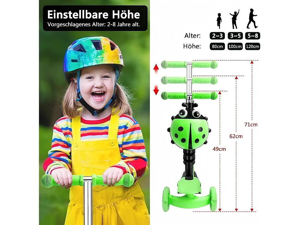 5-in-1 kinderscooter, 3 LED-verlichte wielen, met afneembare cartoonmand, in hoogte verstelbaar, voor kinderen van 2-8 jaar oud