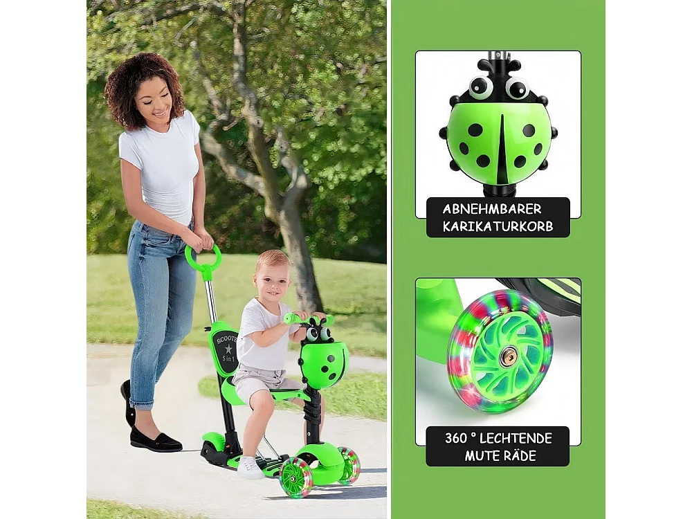 5-in-1 kinderscooter, 3 LED-verlichte wielen, met afneembare cartoonmand, in hoogte verstelbaar, voor kinderen van 2-8 jaar oud