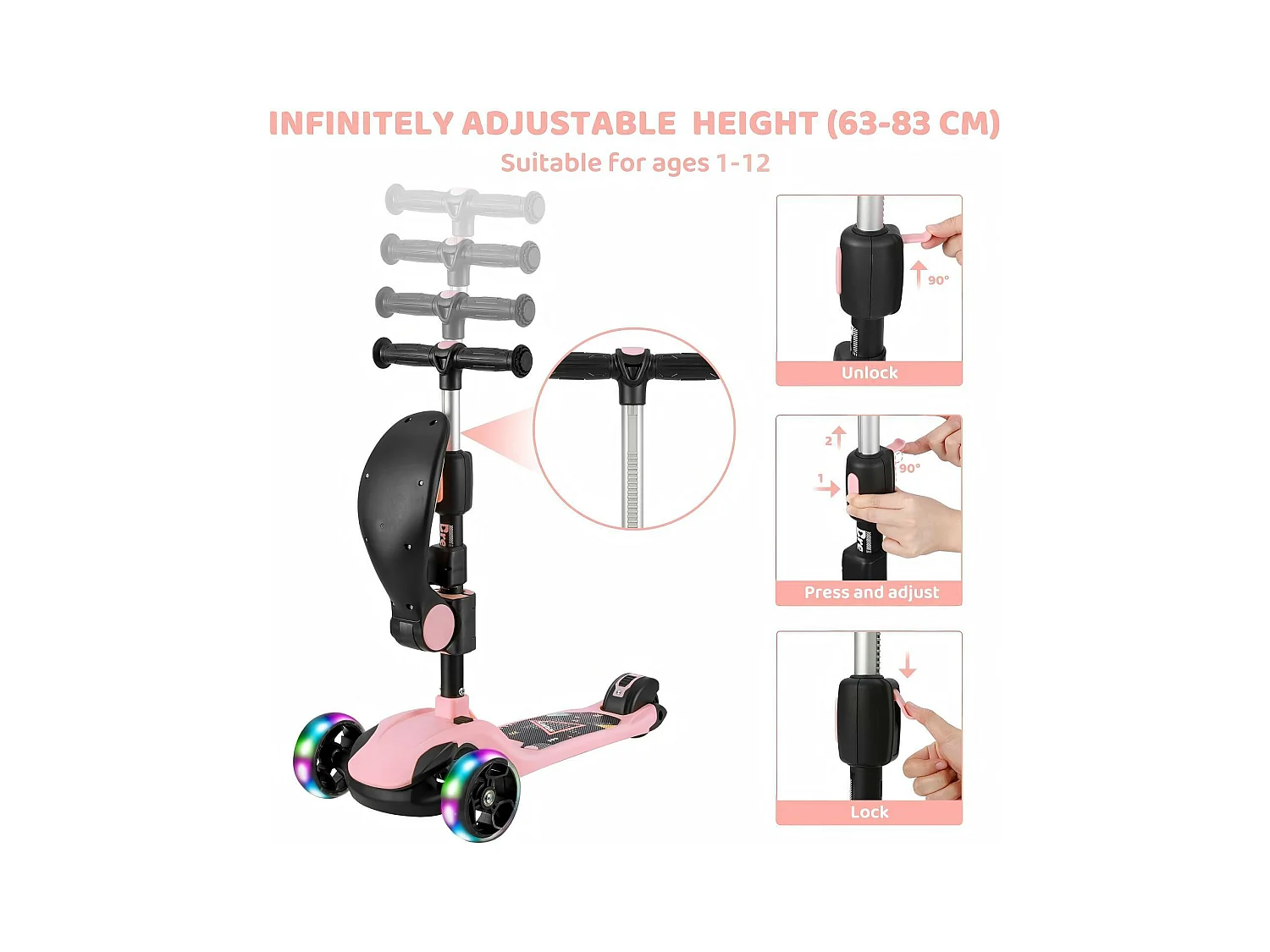 Scooter per bambini pieghevole a 3 ruote, scooter con ruote a LED, manubrio regolabile in altezza, freno di attrito posteriore, per 3-14 anni