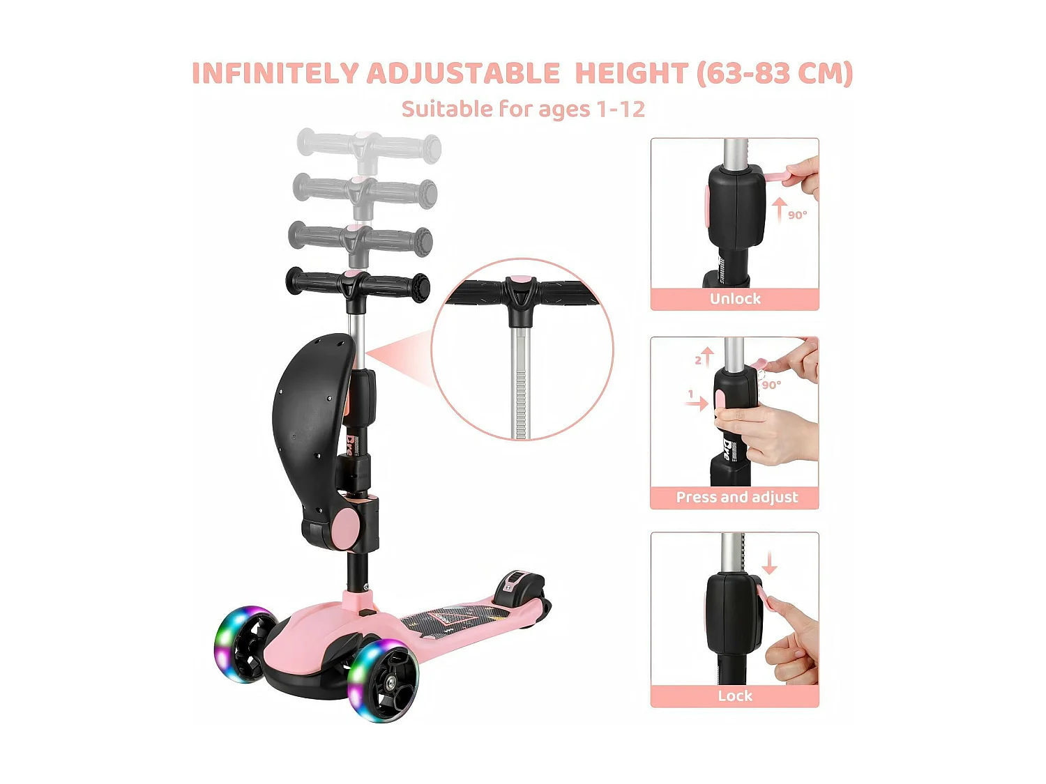 Scooter per bambini pieghevole a 3 ruote, scooter con ruote a LED, manubrio regolabile in altezza, freno di attrito posteriore, per 3-14 anni