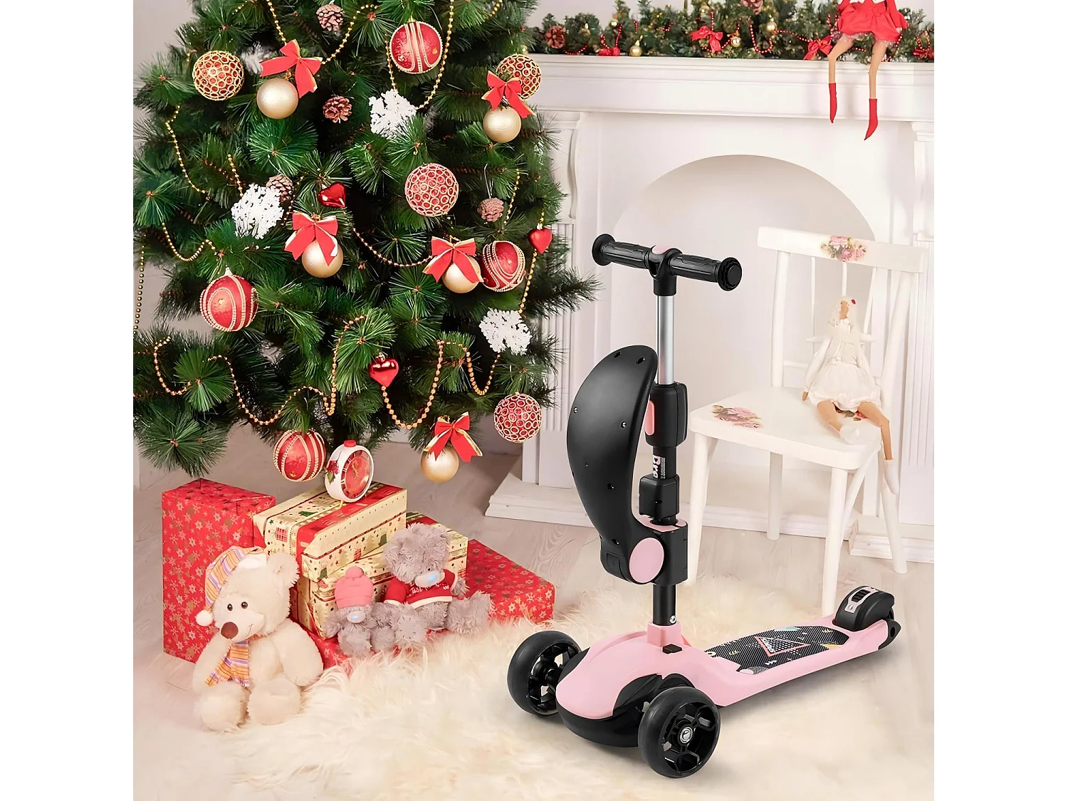 Scooter per bambini pieghevole a 3 ruote, scooter con ruote a LED, manubrio regolabile in altezza, freno di attrito posteriore, per 3-14 anni