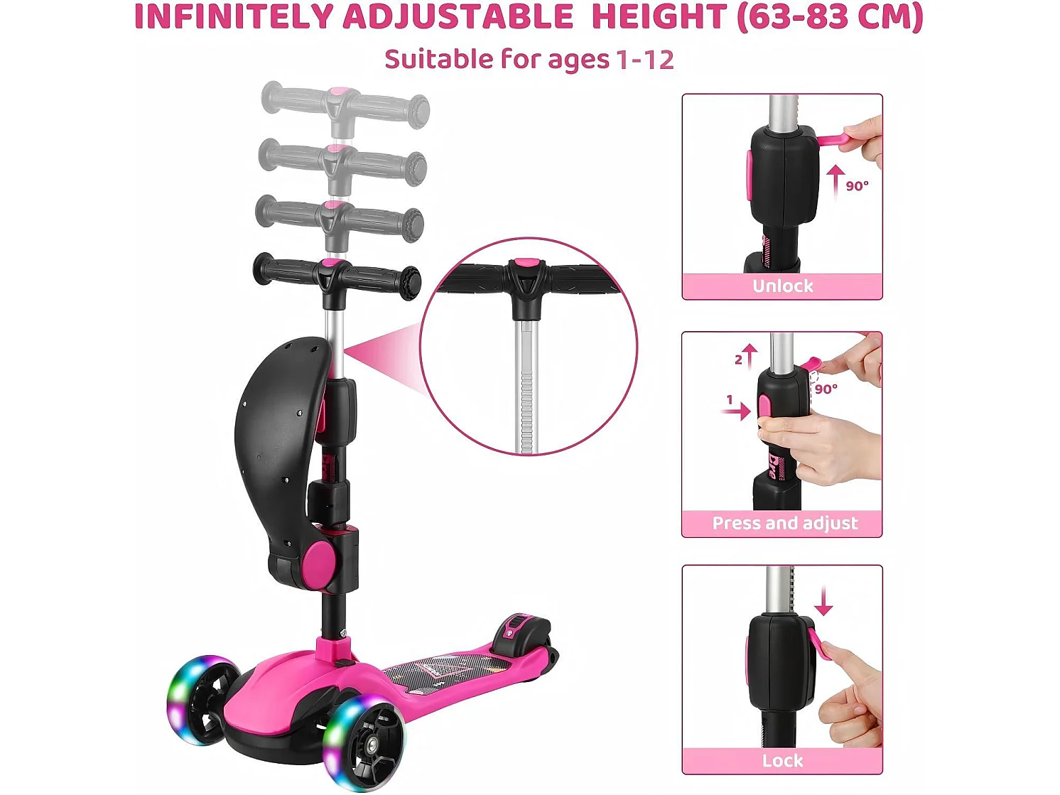 Scooter para niños plegable de 3 ruedas, scooter con ruedas LED, manillar ajustable de altura, freno de fricción trasera, durante 3 a 14 años