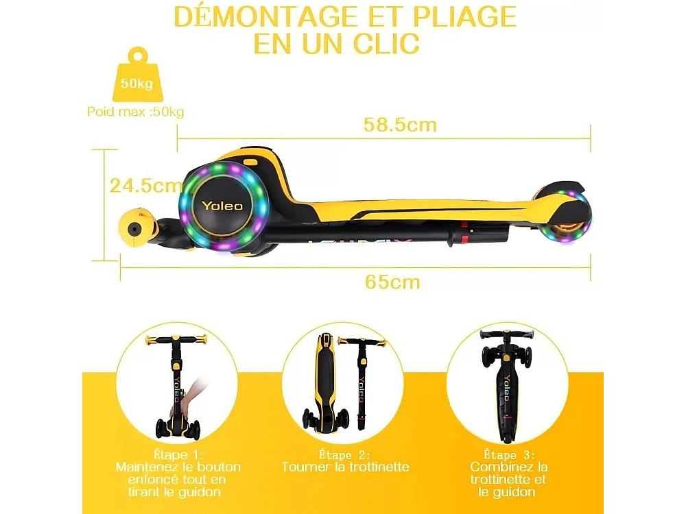 Kinderstep met LED-verlichte wielen, driewieler-scooter, in hoogte verstelbaar, voor kinderen van 3-12 jaar, Max. 50 kg