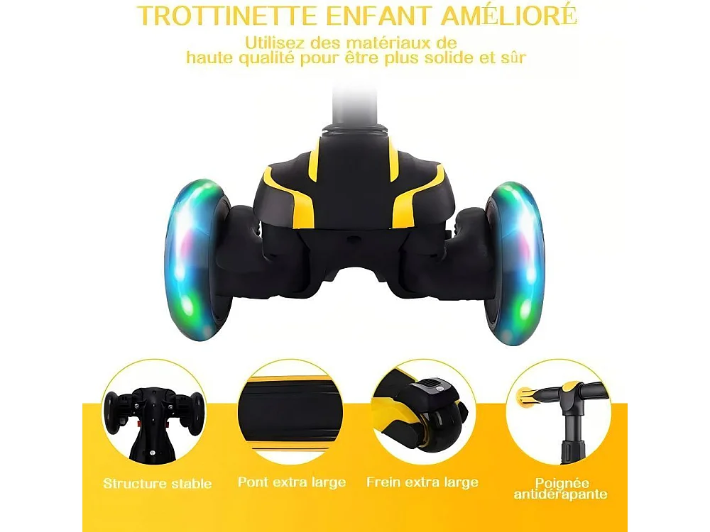 Trottinette pour enfants avec roues lumineuses LED, trottinette tricycle, réglable en hauteur, pour 3 à 12 ans, Charge Max. 50kg