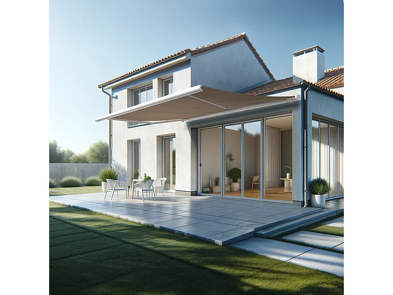 Store banne coffre MEEL 5,00x3,50m (Manuelle - Taupe - Blanc)