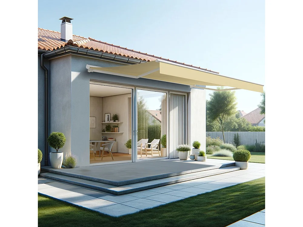 Store banne semi-coffre SARARI 5,00x3,00m (Manuelle - Ecru - Blanc)