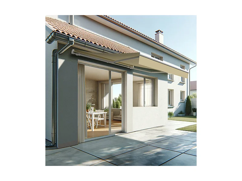 Store banne monobloc ESPAI 4,00x3,00m (Motorisé à télécommande + manœuvre de secours - Ecru - Blanc)