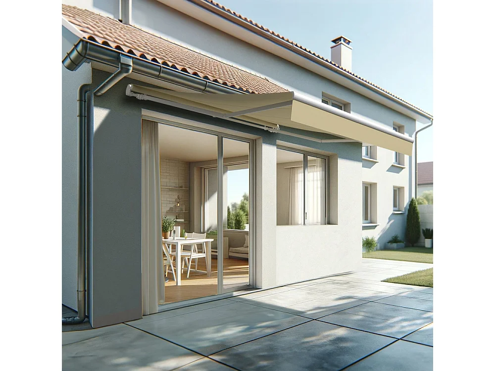 Store banne monobloc ESPAI 4,00x3,00m (Motorisé à télécommande + manœuvre de secours - Ecru - Blanc)