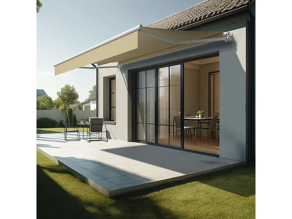 Store banne loggia LOCUS 4,00x2,00m (Motorisé et Interrupteur - Ecru - Blanc)