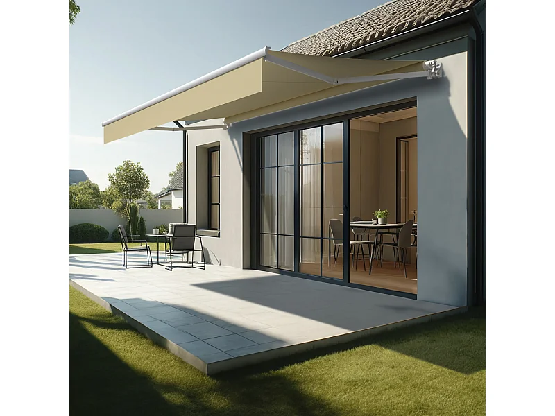 Store banne loggia LOCUS 4,00x2,00m (Motorisé et Interrupteur - Ecru - Blanc)