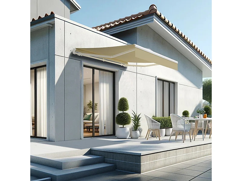 Store banne monobloc ESPAI 3,00x2,00m (Motorisé à télécommande + manœuvre de secours - Ecru - Blanc)