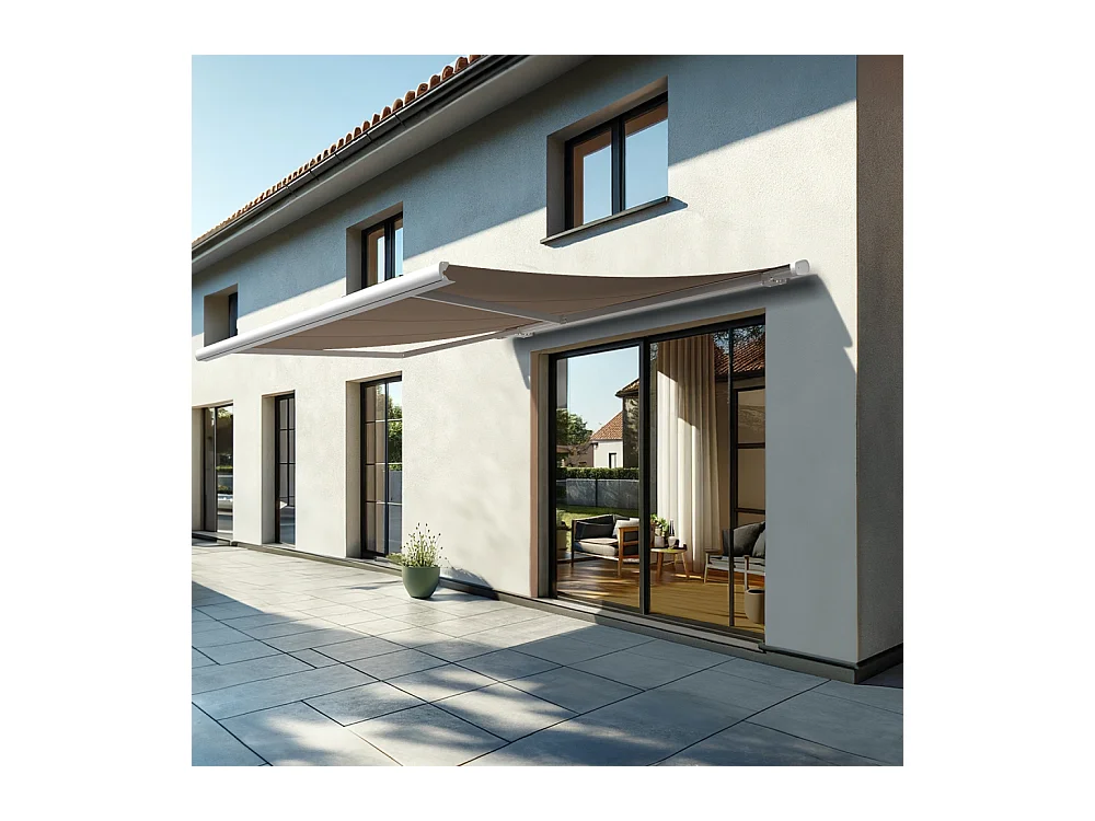 Store banne coffre MEEL 4,00x3,50m (Motorisé Secours à Télécommande + LED - Taupe - Blanc)