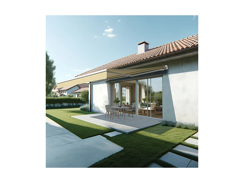 Store banne monobloc ESPAI 5,00x3,00m (Motorisé à télécommande + manœuvre de secours - Ecru - Blanc)