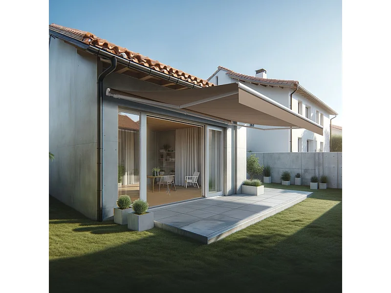 Store banne monobloc ESPAI 6,00x3,50m (Manuelle - Taupe - Blanc)