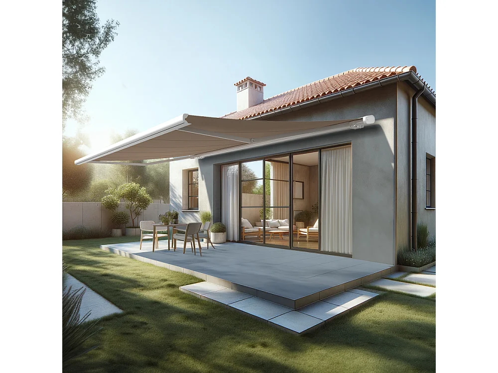 Store banne coffre MEEL 6,00x3,00m (Manuelle - Taupe - Blanc)