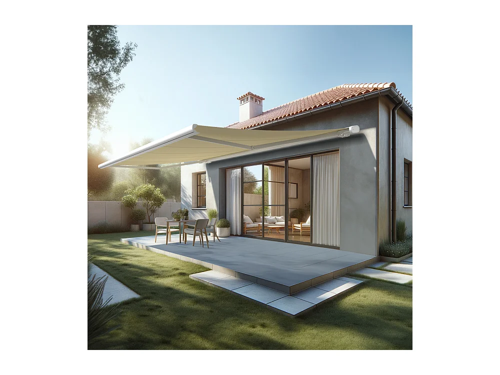 Store banne coffre MEEL 6,00x3,00m (Manuelle - Ecru - Blanc)