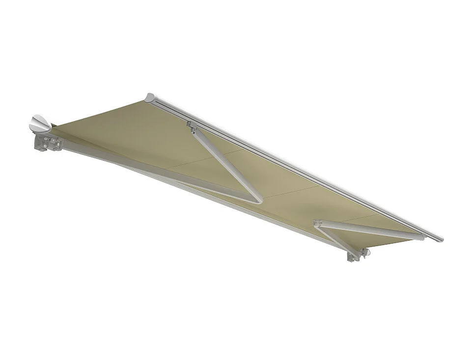 Store banne semi-coffre SARARI 5,00x3,00m (Motorisé à télécommande + manœuvre de secours - Ecru - Blanc)