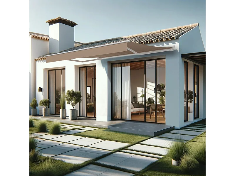 Store banne semi-coffre SARARI 4,00x3,00m (Motorisé à télécommande + manœuvre de secours - Taupe - Blanc)