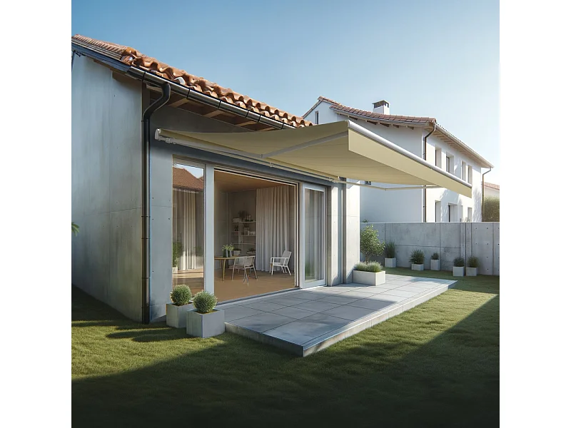 Store banne monobloc ESPAI 6,00x3,50m (Motorisé à interrupteur + manœuvre de secours - Ecru - Blanc)