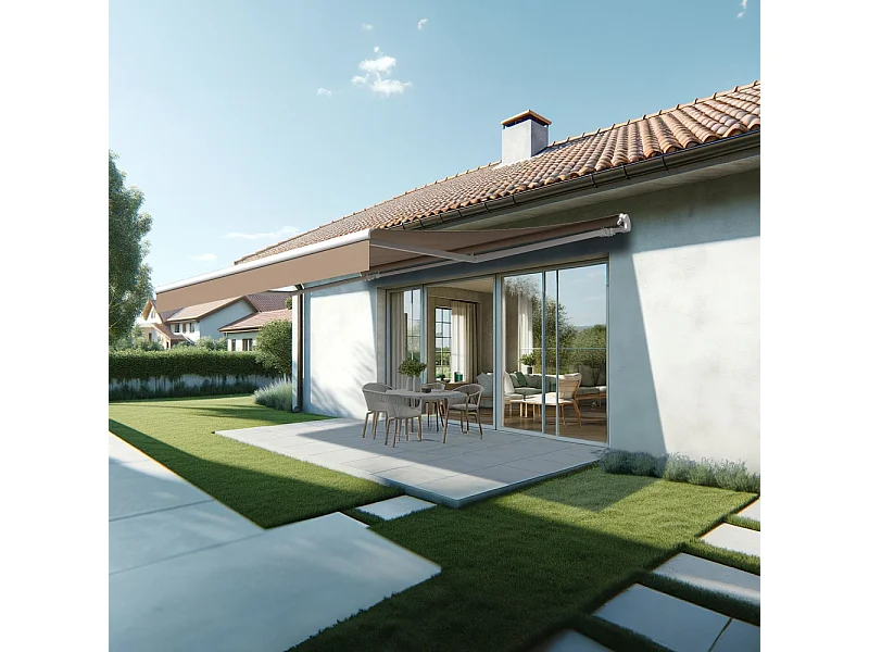 Store banne monobloc ESPAI 5,00x3,00m (Motorisé à interrupteur + manœuvre de secours - Taupe - Blanc)