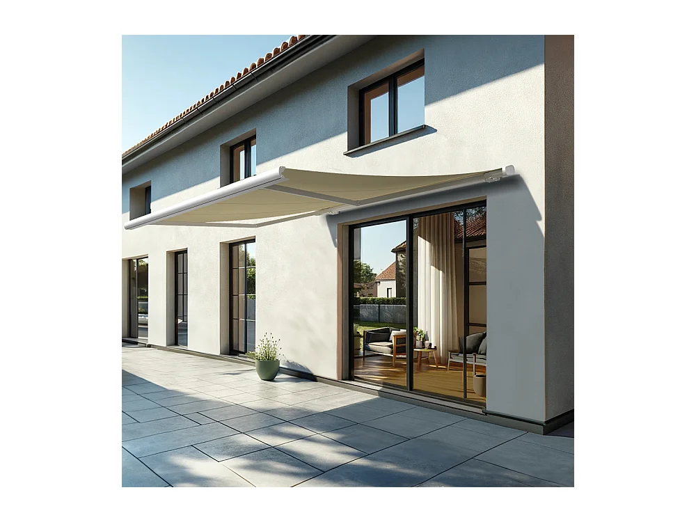 Store banne coffre MEEL 4,00x3,50m (Motorisé Secours à Télécommande + LED - Ecru - Blanc)
