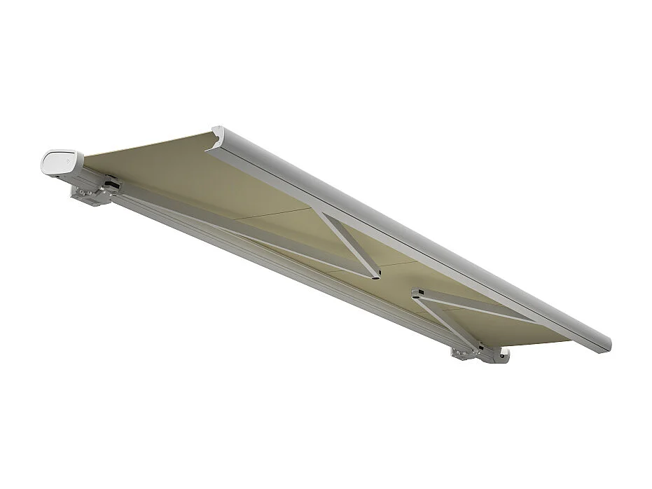 Store banne coffre MEEL 4,00x3,50m (Motorisé Secours à Télécommande + LED - Ecru - Blanc)