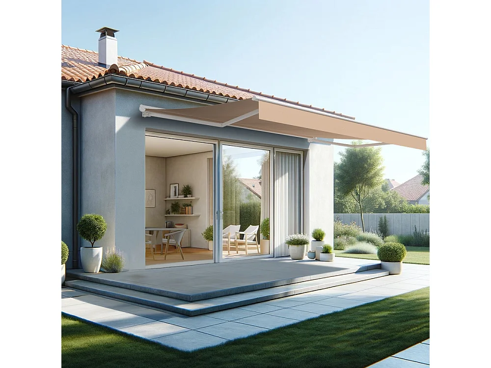 Store banne semi-coffre SARARI 5,00x3,00m (Manuelle - Taupe - Blanc)