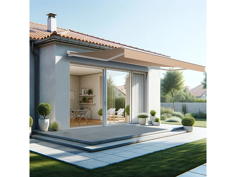 Store banne semi-coffre SARARI 5,00x3,00m (Manuelle - Taupe - Blanc)