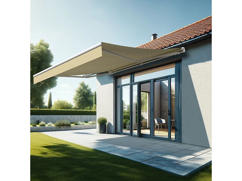 Store banne monobloc ESPAI 4,00x3,50m (Manuelle - Ecru - Blanc)