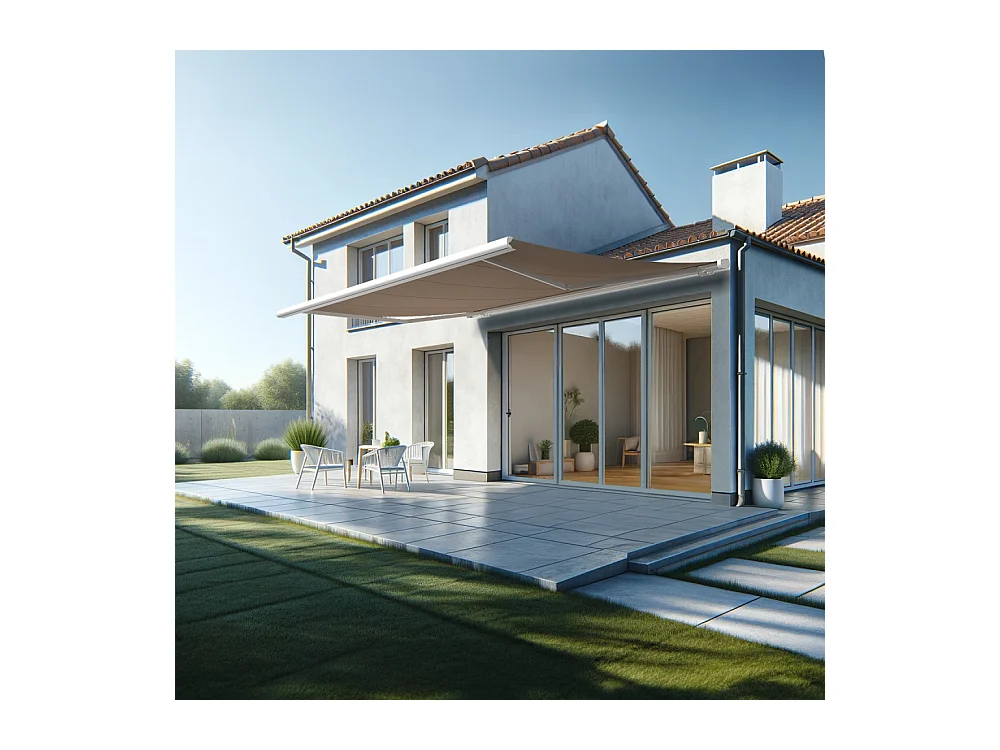 Store banne coffre MEEL 5,00x3,50m (Motorisé à télécommande + manœuvre de secours - Taupe - Blanc)