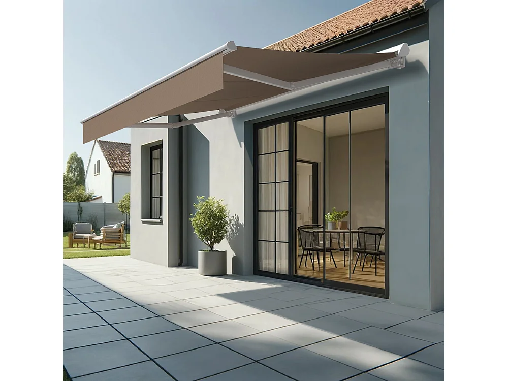 Store banne semi-coffre SARARI 3,00x2,00m (Motorisé à interrupteur + manœuvre de secours - Taupe - Blanc)