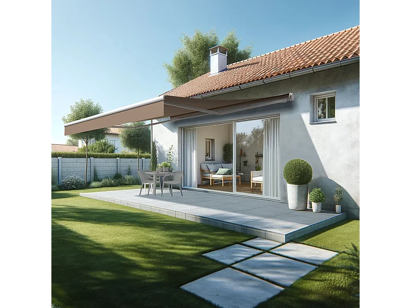 Store banne monobloc ESPAI 5,00x3,50m (Manuelle - Taupe - Blanc)