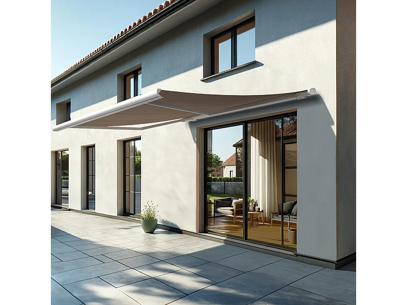 Store banne coffre MEEL 4,00x3,50m (Manuelle - Taupe - Blanc)