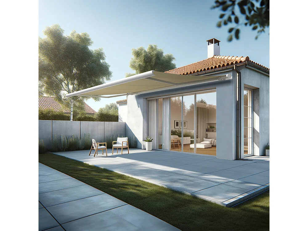 Store banne coffre MEEL 5,00x3,00m (Motorisé Secours à Télécommande + LED - Ecru - Blanc)