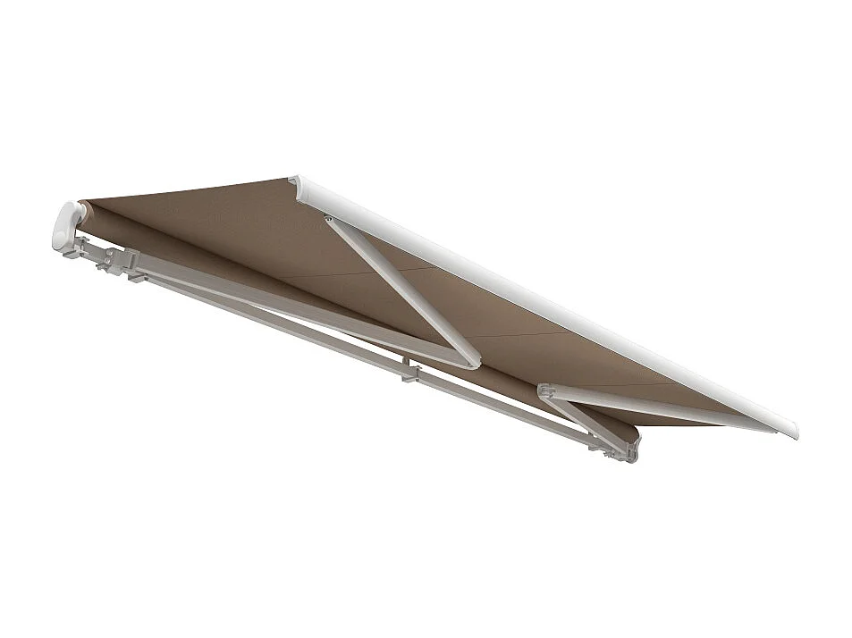 Store banne monobloc ESPAI 4,00x3,50m (Motorisé à télécommande + manœuvre de secours - Taupe - Blanc)