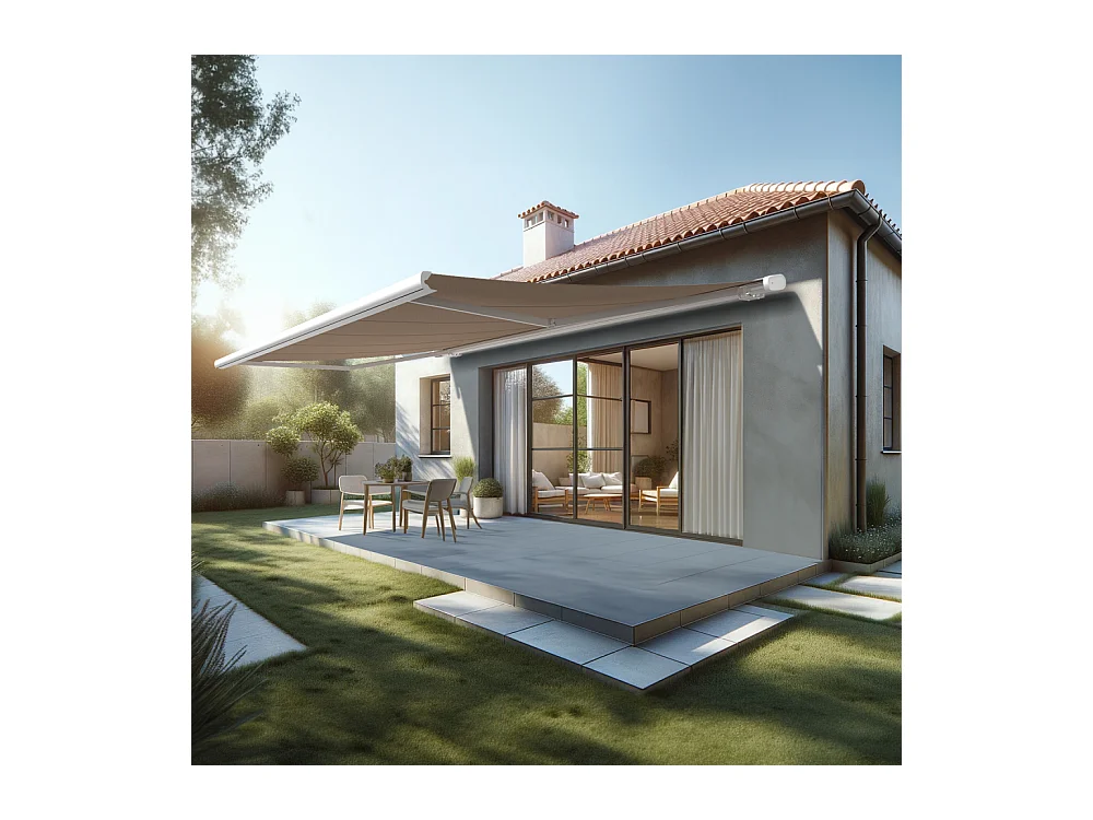 Store banne coffre MEEL 6,00x3,00m (Motorisé à télécommande + manœuvre de secours - Taupe - Blanc)