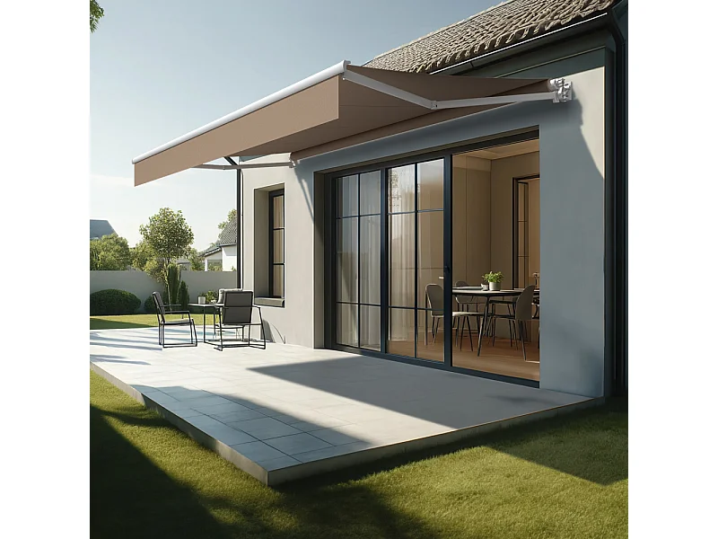 Store banne loggia LOCUS 4,00x2,00m (Motorisé et Interrupteur - Taupe - Blanc)